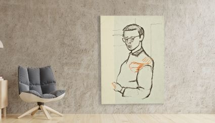 Stu-Art Collection print — a line-drawn figure study shown framed on a concrete wall