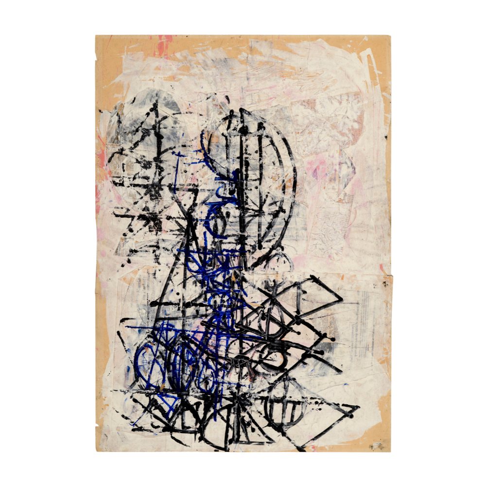 A Stuart Sutcliffe abstract work in blue ink on a warm ground