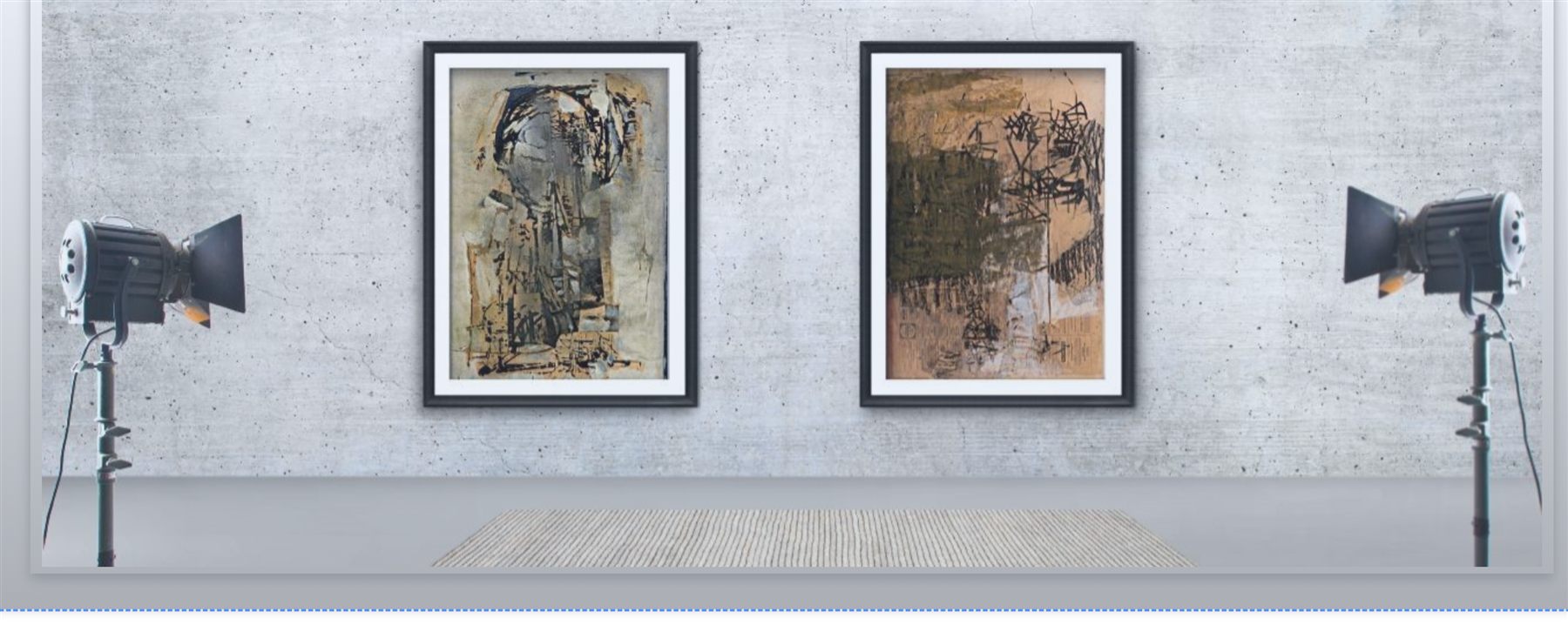 Two framed Stuart Sutcliffe fine art prints lit by studio lights against a concrete gallery wall